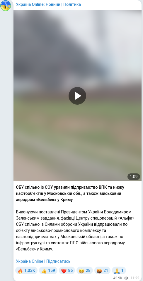 Скріншот Telegram-публікації