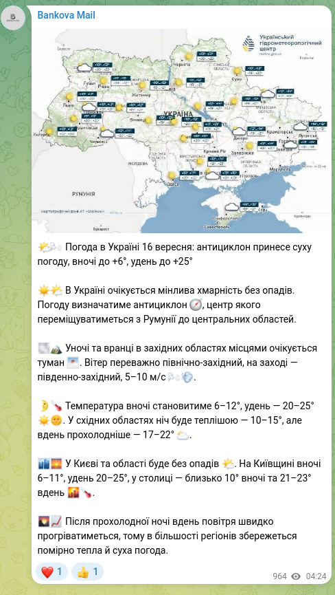 Скріншот Telegram-публікації: 🌤🌬 Погода в Україні 16 вересня: антициклон принесе суху погоду, вночі до +6°, у…