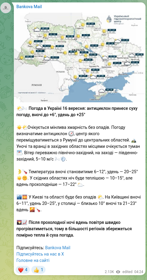 Скріншот Telegram-публікації: 🌤🌬 Погода в Україні 16 вересня: антициклон принесе суху погоду, вночі до +6°, у…