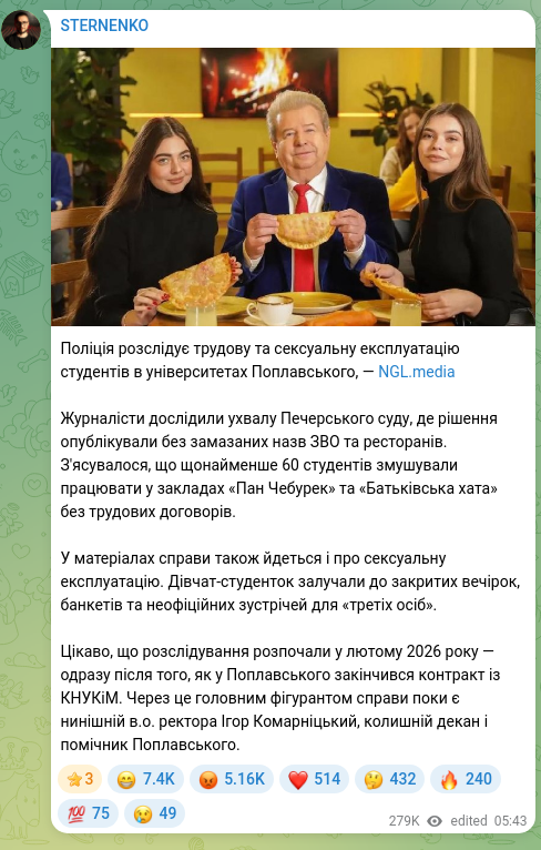 Screenshot of a Telegram post: Поліція розслідує трудову та сексуальну експлуатацію студентів в університетах…