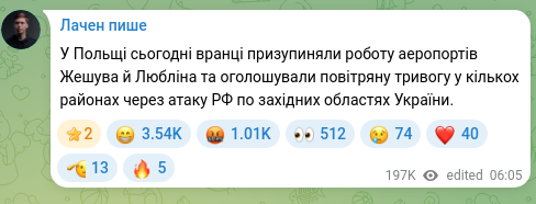 Скріншот Telegram-публікації: У Польщі сьогодні вранці призупиняли роботу аеропортів Жешува й Любліна та огол…