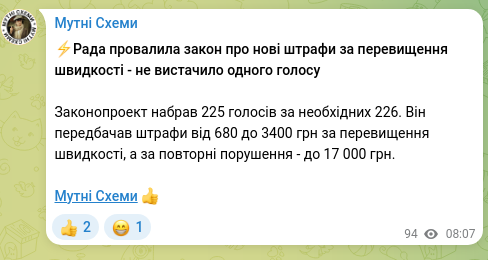 Screenshot of a Telegram post: ⚡️The Rada rejected the law on new fines for speeding — it fell one vote short…