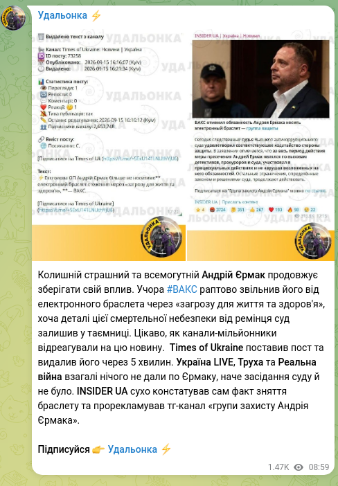 Скріншот Telegram-публікації: Єрмак Андрій Борисович — Колишній страшний та всемогутній Андрій Єрмак продовжує зберігати сві…
