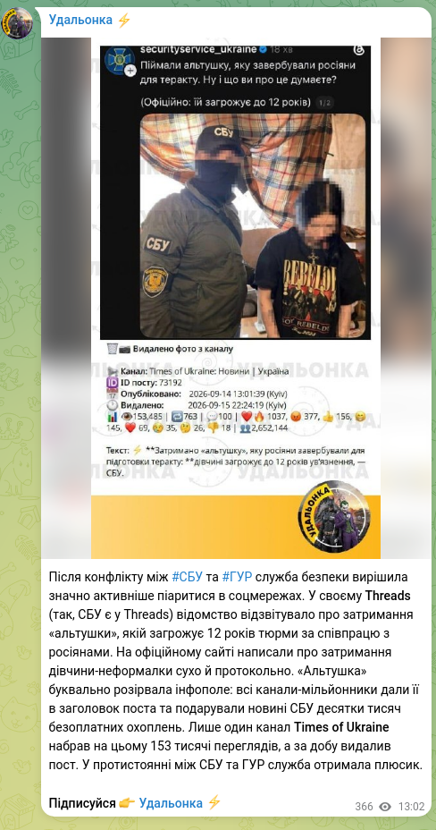 Скріншот Telegram-публікації: Після конфлікту між #СБУ та #ГУР cлужба безпеки вирішила значно активніше піари…