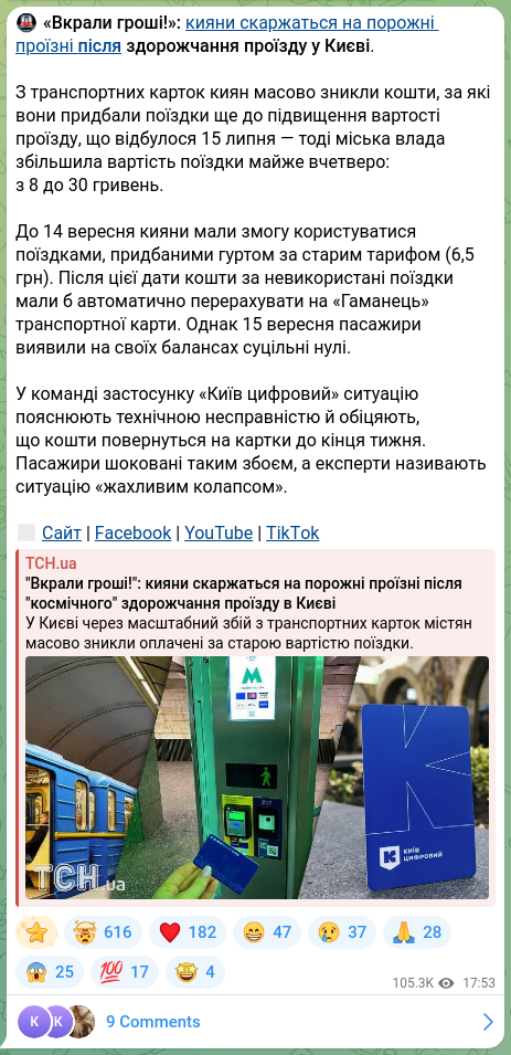 Screenshot of a Telegram post: 🚇«Вкрали гроші!»: кияни скаржаться на порожні проїзні після здорожчання проїзд…