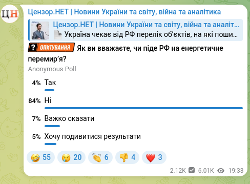 Screenshot of a Telegram post: Ukraine expects from the Russian Federation a list of facilities that will be c…