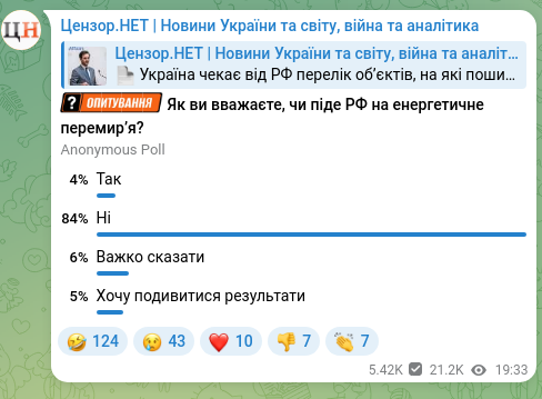 Screenshot of a Telegram post: Україна чекає від РФ перелік об’єктів, на які поширюватиметься енергетичне пере…