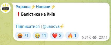 Скріншот Telegram-публікації: ❗️Балістика на Київ Підписатися | @uanova⚡️