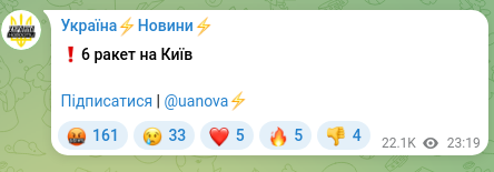 Скріншот Telegram-публікації: ❗️6 ракет на Київ Підписатися | @uanova⚡️