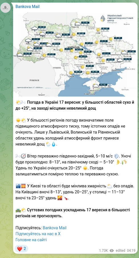 Скріншот Telegram-публікації: 🌤🌬 Погода в Україні 17 вересня: у більшості областей сухо й до +25°, на заході…
