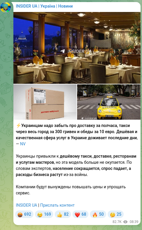 Скріншот Telegram-публікації: ⚡️Украинцам надо забыть про доставку за полчаса, такси через весь город за 300…
