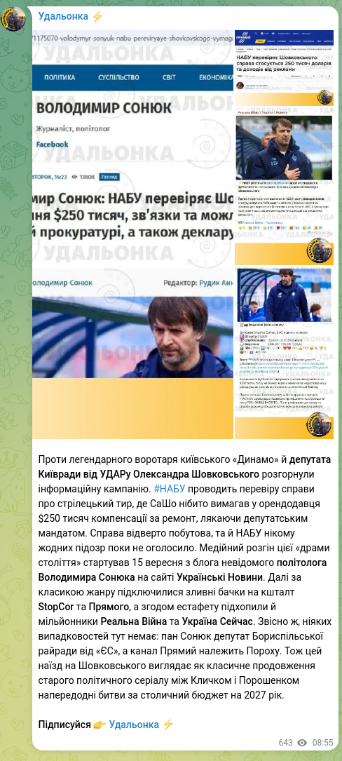 Скріншот Telegram-публікації: Проти легендарного воротаря київського «Динамо» й депутата Київради від УДАРу О…