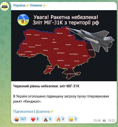 Скріншот Telegram-публікації: Червоний рівень небезпеки: зліт МіГ-31К В Україні оголошено підвищену загрозу п…