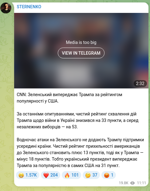Screenshot of a Telegram post: CNN: Zelensky is ahead of Trump in popularity ratings in the USA. According to…