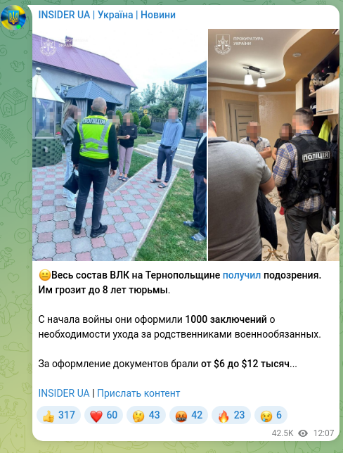 Скріншот Telegram-публікації: 😐Весь состав ВЛК на Тернопольщине получил подозрения. Им грозит до 8 лет тюрьм…