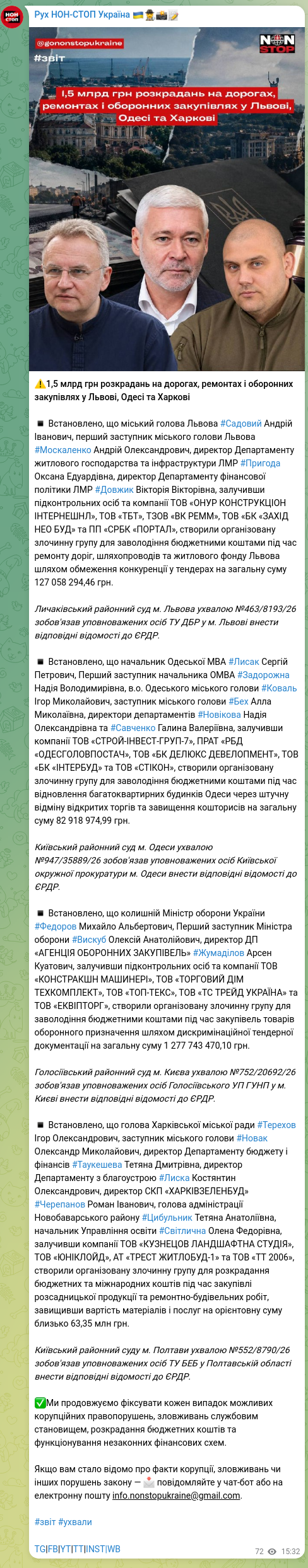 Screenshot of a Telegram post: Fedorov Mykhailo Albertovych — ⚠️1,5 billion UAH embezzled on roads, repairs, and defense pro…