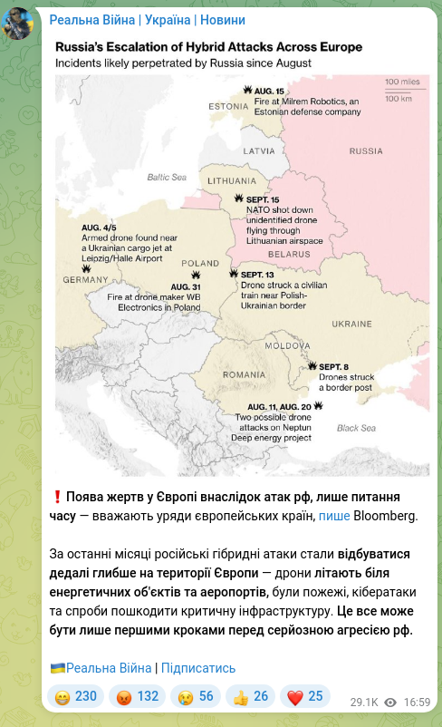 Screenshot of a Telegram post: ❗️The emergence of victims in Europe as a result of attacks by the Russian Fed…
