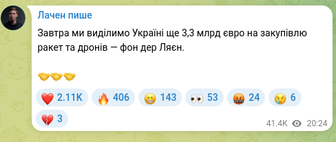 Screenshot of a Telegram post: Tomorrow we will allocate another 3,3 billion euros to Ukraine for the purchase…