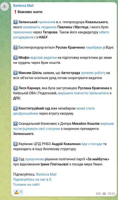 Screenshot of a Telegram post: Koshlyak Mykhailo Anatoliyovych — ❗️Важливо знати: 1️⃣ Зеленський призначив в.о. генпрокурор…