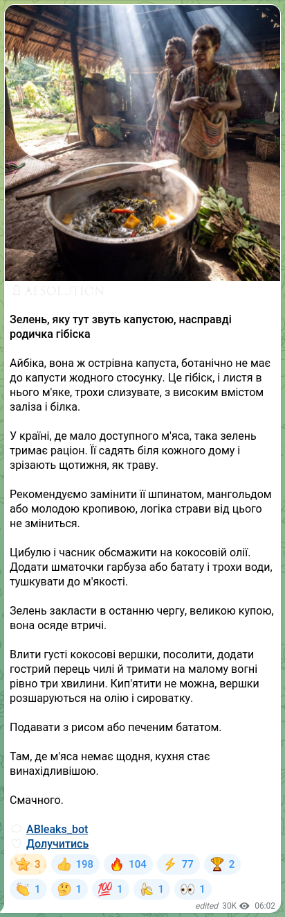 Screenshot of a Telegram post: Zlochevskyi Mykola Vladyslavovych — 🔒🧡🧡🧡🧡🧡🧡 Зелень, яку тут звуть капустою, насправді…