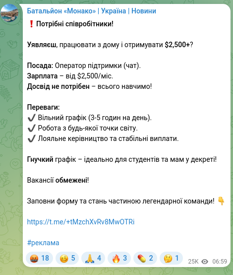 Screenshot of a Telegram post: ❗️Employees needed! Can you imagine working from home and earning $2,500+? Pos…