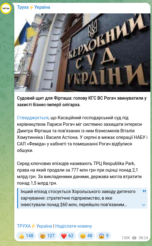 Скріншот Telegram-публікації: Астіон Василь Миколайович — Судовий щит для Фірташа: голову КГС ВС Рогач звинуватили у захисті…