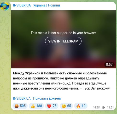Screenshot of a Telegram post: There are complex and painful issues from the past between Ukraine and Poland.…