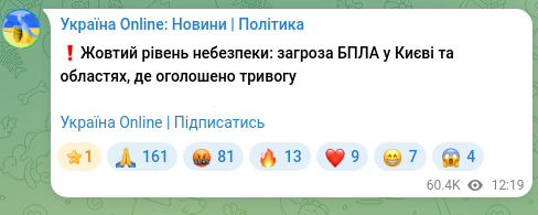 Скріншот Telegram-публікації: ❗️Жовтий рівень небезпеки: загроза БПЛА у Києві та областях, де оголошено трив…