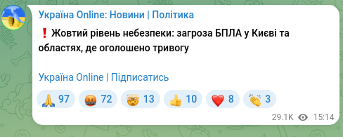 Скріншот Telegram-публікації: ❗️Жовтий рівень небезпеки: загроза БПЛА у Києві та областях, де оголошено трив…
