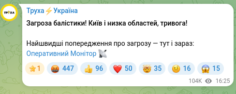 Скріншот Telegram-публікації: Загроза балістики! Київ і низка областей, тривога! Найшвидші попередження про з…