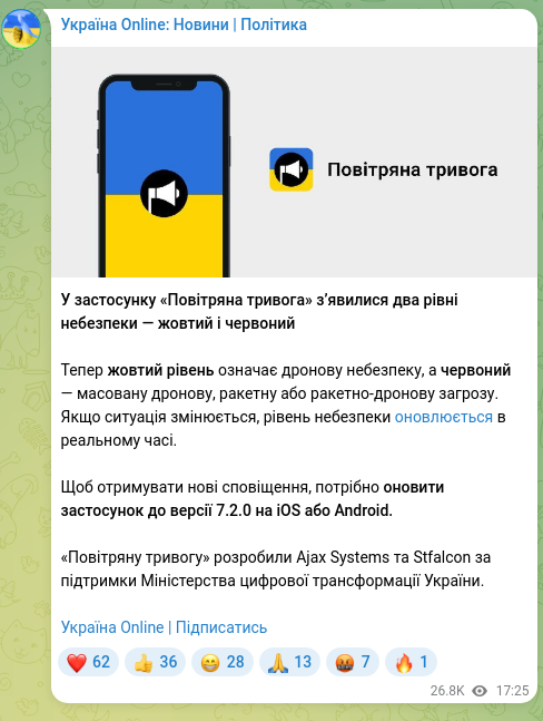 Скріншот Telegram-публікації: У застосунку «Повітряна тривога» з’явилися два рівні небезпеки — жовтий і черво…