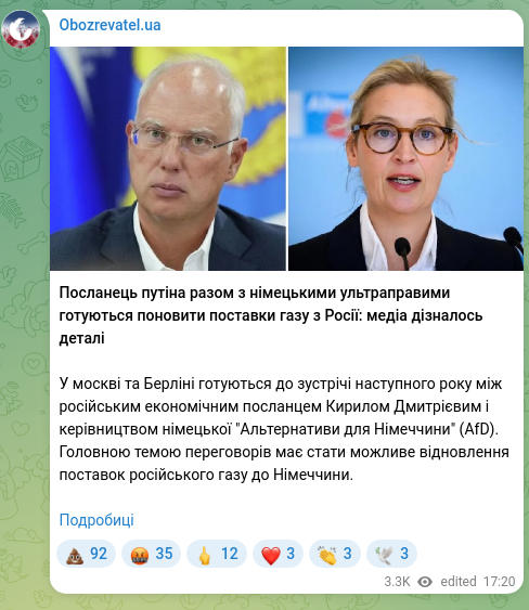 Screenshot of a Telegram post: Putin’s emissary together with German far-right prepare to resume gas supplies…