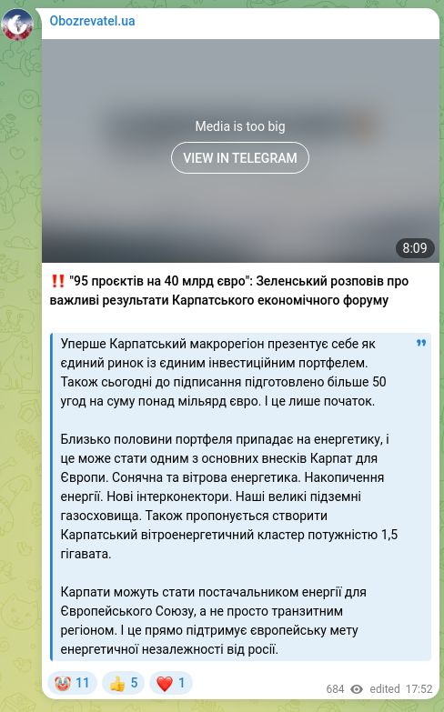 Screenshot of a Telegram post: ‼️ "95 projects worth 40 billion euros": Zelensky spoke about the important out…
