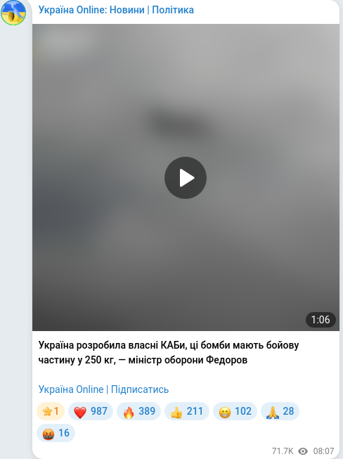 Скріншот Telegram-публікації