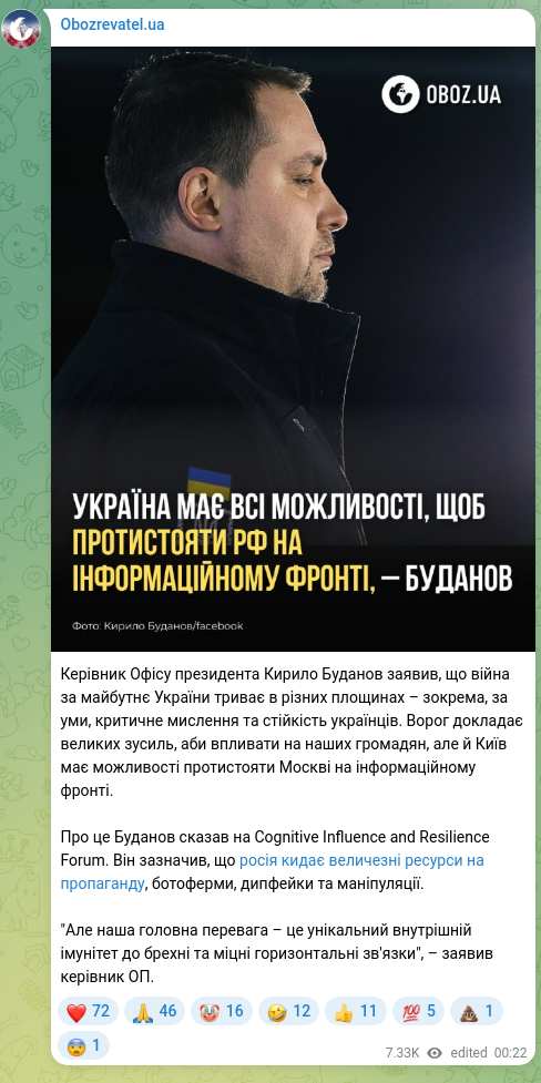 Screenshot of a Telegram post: Budanov Kyrylo Oleksiyovych — Керівник Офісу президента Кирило Буданов заявив, що війна за ма…