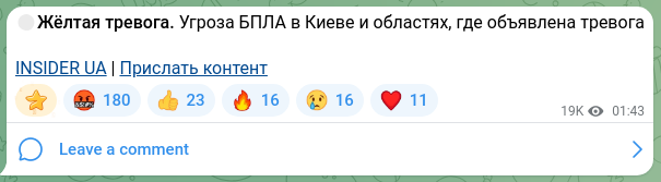 Screenshot of a Telegram post: 🟡Yellow alert. Threat of drones in Kyiv and the regions where an alert has bee…