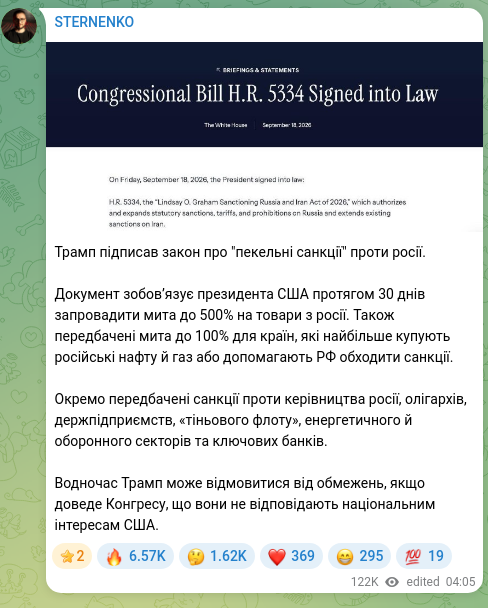 Screenshot of a Telegram post: Трамп підписав закон про "пекельні санкції" проти росії. Документ зобов’язує пр…