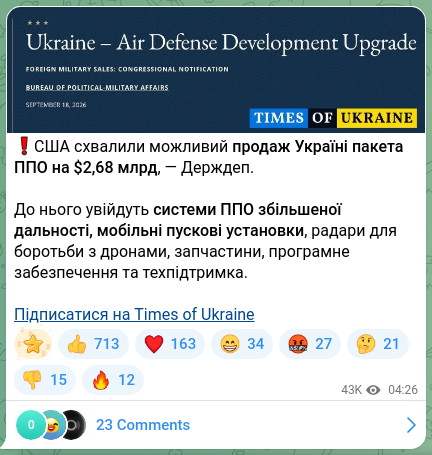 Скріншот Telegram-публікації: ❗️США схвалили можливий продаж Україні пакета ППО на $2,68 млрд, — Держдеп. До…