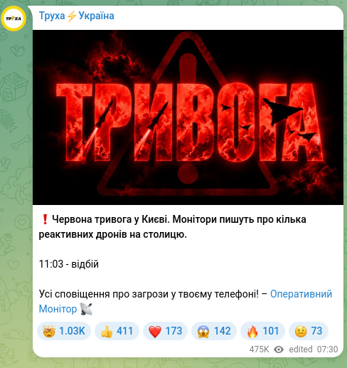 Скріншот Telegram-публікації: ❗️Червона тривога у Києві. Монітори пишуть про кілька реактивних дронів на сто…