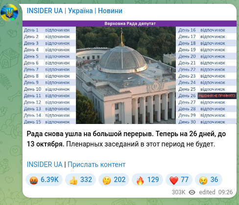 Screenshot of a Telegram post: Рада снова ушла на большой перерыв. Теперь на 26 дней, до 13 октября. Пленарных…