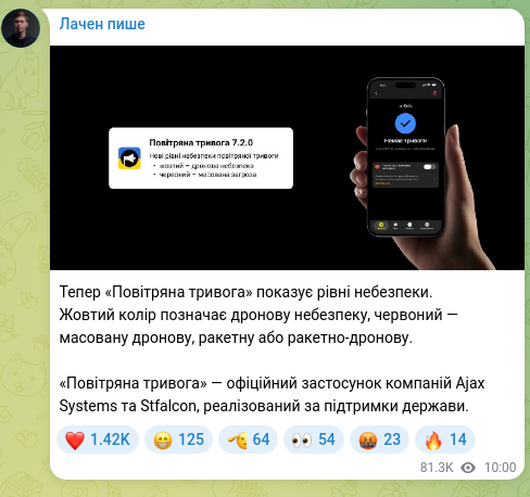 Скріншот Telegram-публікації: Тепер «Повітряна тривога» показує рівні небезпеки. Жовтий колір позначає дронов…