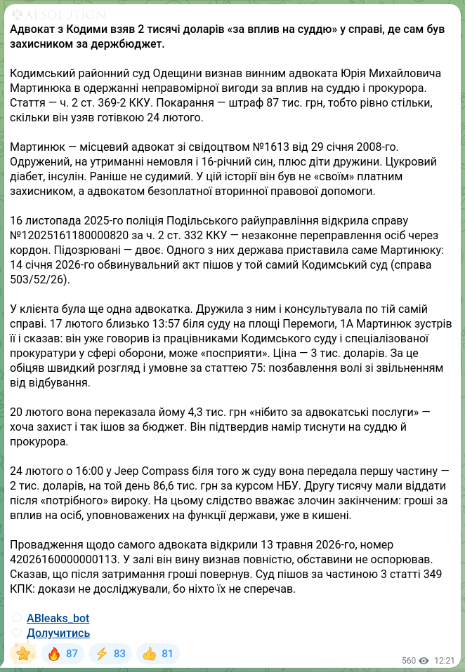 Скріншот Telegram-публікації: ⚖️🧡🧡🧡🧡🧡🧡 Адвокат з Кодими взяв 2 тисячі доларів «за вплив на суддю» у спр…