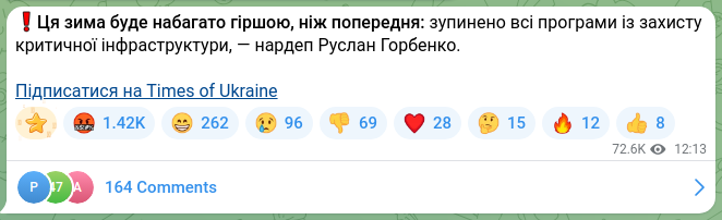 Screenshot of a Telegram post: Horbenko Ruslan Oleksandrovych — ❗️This winter will be much worse than the previous one: all…