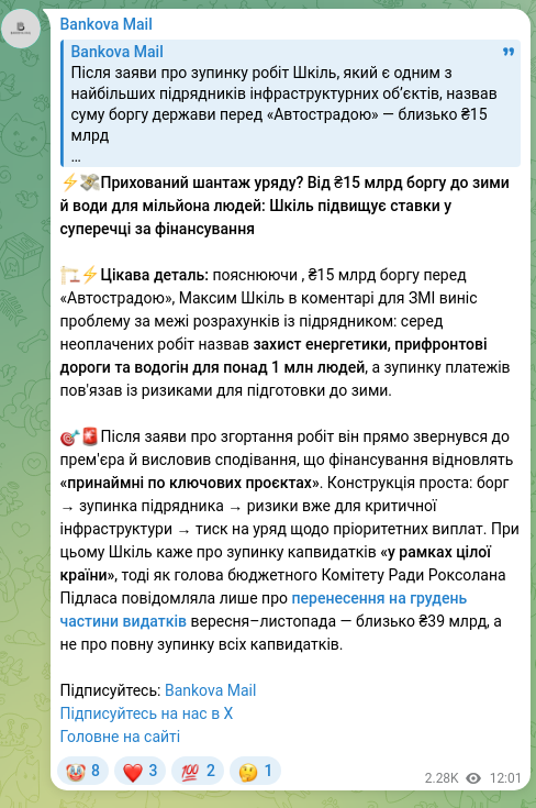 Скріншот Telegram-публікації: Шкіль Максим Викторович — ⚡️💸Прихований шантаж уряду? Від ₴15 млрд боргу до зими й води для…