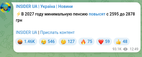 Скріншот Telegram-публікації: ⚡️В 2027 году минимальную пенсию повысят с 2595 до 2878 грн INSIDER UA | Присл…