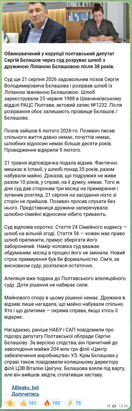 Скріншот Telegram-публікації: Бєлашов Сергій Володимирович — ⚖️🧡🧡🧡🧡🧡🧡 Обвинувачений у корупції полтавський депутат Сер…