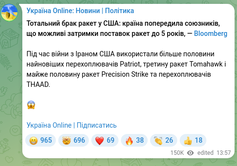 Screenshot of a Telegram post: Тотальний брак ракет у США: країна попередила союзників, що можливі затримки по…