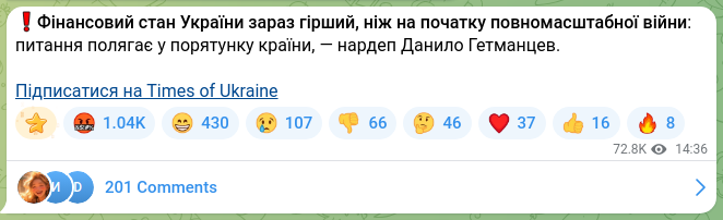 Скріншот Telegram-публікації: Гетманцев Данило Олександрович — ❗️Фінансовий стан України зараз гірший, ніж на початку повно…