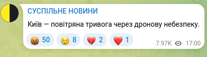 Скріншот Telegram-публікації: Київ — повітряна тривога через дронову небезпеку.