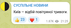 Скріншот Telegram-публікації: Київ — відбій повітряної тривоги.